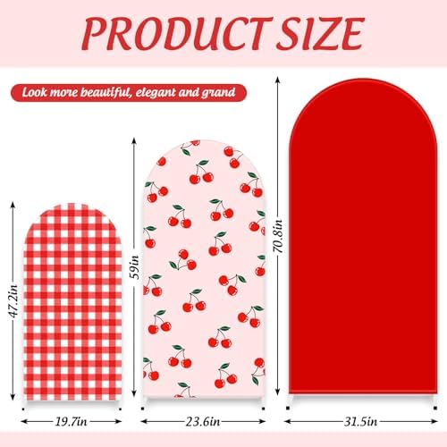 FYSUIMU 3 Pcs Cherry Arch Backdrop Covers Pink Red Plaid Stretchy Spandex Arch Stand Fabric Cover for Wedding Birthday Baby Shower Gender Reveal Party Decoration (4ft/5ft/6ft) - Image 2
