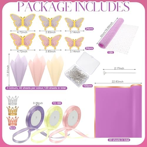 Qilery 334 Pcs Flower Wrapping Paper Set,153 Waterproof Floral Bouquet Wrapping Paper,72 3D Gold Butterfly Decoration,100 Pins, 6 Crowns and 3 Ribbons for DIY Craft(Adorable Color) - Image 2