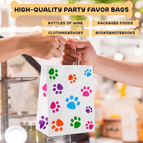 Tenceur 80 Pcs Dog Gift Bags Goodie Paw Puppy Paper Treat Bags Bulk with Handles 10.63 x 4.72 x 7.87 Inch Dog Themed Party Favors Shopping Holiday Kraft(White Colorful) - Image 5