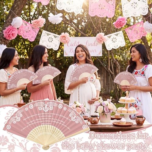 Barydat 24 Sets Cielito Lindo Baby Shower Favors De Barro Paper Hand Fans with Organza Bags Mexican Folding Fans Handheld Home Decor DIY Supplies for Guest Talavera Bridal Baby Shower(Pink) - Image 4