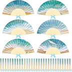 Roowest 36 Pcs Beach Folding Hand Fans Bulk Paper Bamboo Handheld Fan with Bows for Summer Beach Wedding Favors Bule Ocean Waves Fans for Bridal Baby Shower Birthday Party Luau Tropical Holiday Decor by Roowest