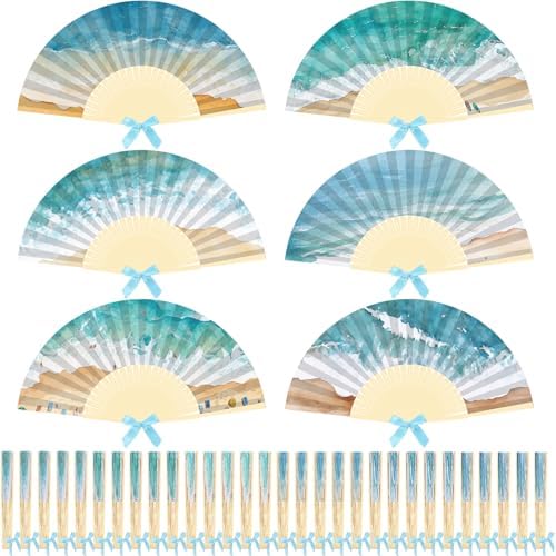 Roowest 36 Pcs Beach Folding Hand Fans Bulk Paper Bamboo Handheld Fan with Bows for Summer Beach Wedding Favors Bule Ocean Waves Fans for Bridal Baby Shower Birthday Party Luau Tropical Holiday Decor by Roowest