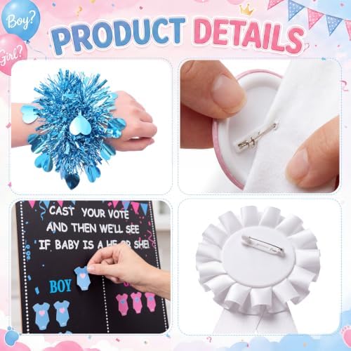Thiccywoov Gender Reveal Decorations 40 Button Pins 40 Gender Reveal Sequins Bracelets Sash and Tinplate Badge Mommy to Be and Daddy to Be 54 Voting Boy or Girl Games Party Supplies - Image 7