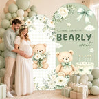 2PCS We Can Bearly Wait Arch Backdrop Covers Sage Green Bear Floral Arched Fabric Banner 7.2ft 6.6ft Bear Theme Cake Bow Arch Stand Cover for We Can Bearly Wait Baby Shower Decorations - Image 5