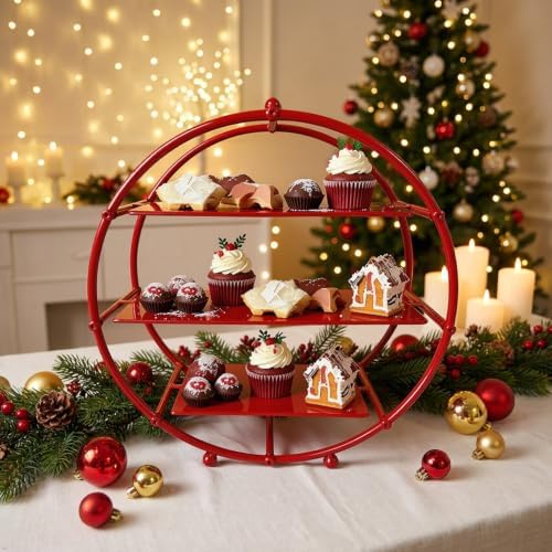 Red 3 Tier Metal Cupcake Stand Tiered Dessert Display Serving Tray - Image 3