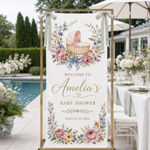 Welcome Vintage Bassinet Floral Bow Baby Shower Welcome Banner by Custom