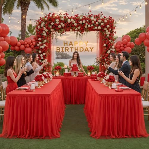 Red Tulle Tablecloth for 6 Foot Rectangular Tables 6ft Red Rectangle Table Cloth Wrinkle Free Table Cover with Tutu Skirt for Wedding Birthday Party Baby Shower Banquet Buffet Christmas Desk Skirt - Image 4