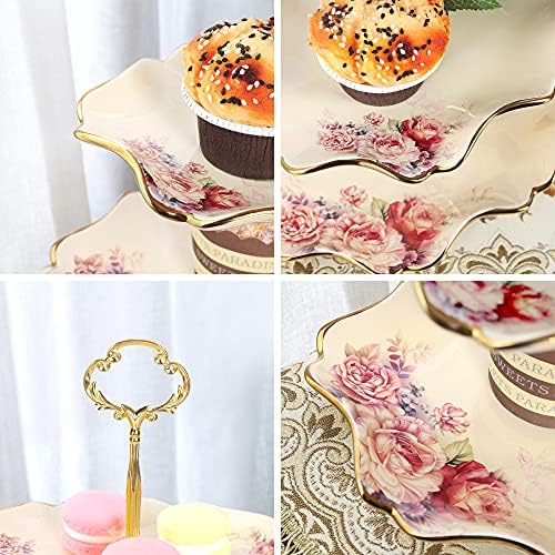 fanquare 3-Tier Royal Vintage Floral Cupcake Stand with Gold Trim - Image 3