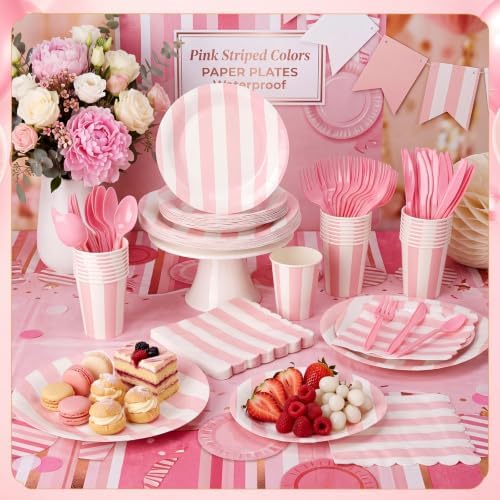 Mimorou 350 Pcs Pink White Striped Party Tableware for 50 - Image 2