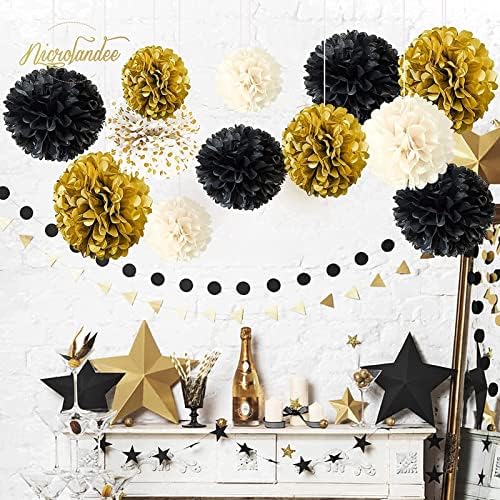 NICROLANDEE Black Gold Party Decorations - 12PCS Black Gold White Tissue Paper Pom Poms and 12PCS Metallic Foil Paper Lanterns for Wedding, Birthday, Graduation Décor, Prom, Festival Decorations - Image 7