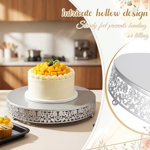 Wenqik 14 Inch Silver Cake Stand Set Metal Round Cupcake Dessert Stand with Cake Cutting, Flower Spatula Wedding Cupcake Pastry Display Candy Holder Display for Wedding Party Birthday Baby Shower - Image 3
