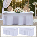 2 pk White Spandex Tablecloth 4ft with Ruffle Table Skirt, Wrinkle Free High Stretch Fitted Tablecloths for 6 Foot Rectangle Tables, Elastic Spandex Table Covers 6ft for Parties Weddings Banquet by ENJOYYOURPARTY