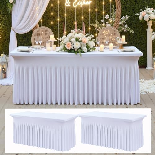 2 pk White Spandex Tablecloth 4ft with Ruffle Table Skirt, Wrinkle Free High Stretch Fitted Tablecloths for 6 Foot Rectangle Tables, Elastic Spandex Table Covers 6ft for Parties Weddings Banquet by ENJOYYOURPARTY
