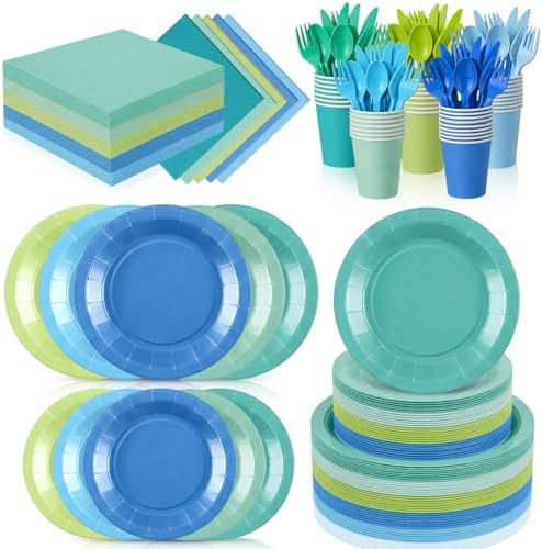 Mimorou 175 Pcs Green and Teal Plates Cups Napkins Utensils Blue by Mimorou