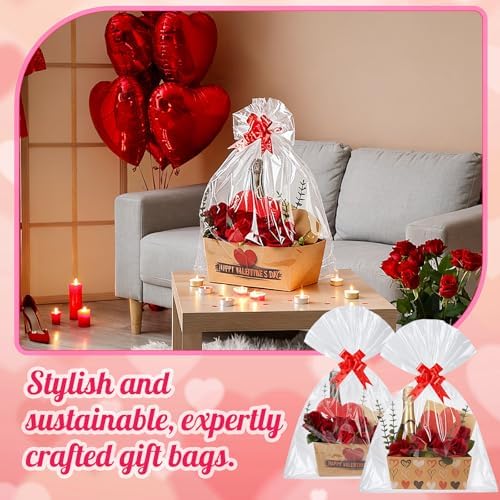 Kolldenn 24 Set Valentine's Day Empty Gift Basket to Fill Kraft Red Heart Bouquet Box with Handles Pull Bows Cellophane Bags and Card for Valentine Party Favor Supplies, 9.8 x 6.5 Inch - Image 6