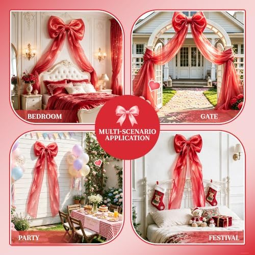 Giant Red Bow Decor, Christmas Tree Topper Bow, Oversized Hanging Bow with Long Streamers, Large Bow for Entrance Wall Backdrop Wedding Birthday Bridal Shower Home Decor Coquette Room Decor, 16 x 85in - Image 4