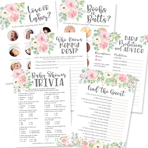 Hadley Designs - 25 Floral Trivia Game, 25 Find The Guest Game, 25 Love Or Labor Game, 25 Boobs Or Baby Butts, 25 Who Knows Mommy Best, 25 Baby Prediction Advice Cards - 6 Double Sided Cards by HadleyDesigns