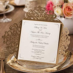 Hosmsua 50PCS Personalized Gold Wedding Invitation Pocket, 6.3x6.3 Laser Cut Flora Wedding Invitation Pockets with Envelopes for Wedding Quinceanera Sweet 16 Invite by Hosmsua