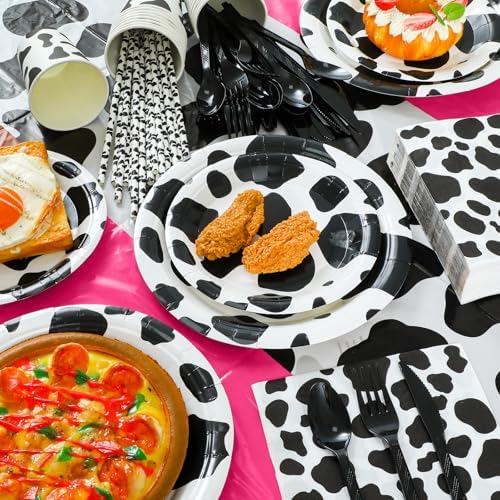 Oudain 222 Pcs Cow Dinnerware Set for 20 Guest Cow Tablecloth Plates and Napkins Cowgirl Party Decorations Cowboy Table Runner Plastic Black White Party Supplies(Hot Pink,Classic) - Image 2