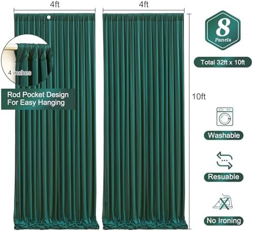 Hunter Green Backdrop Curtain-Wrinkle-Free Polyester Fabric Green Photography Curtains for Wedding Party Photo Background Decorations- 32 X10FT (Hunter Green) - Image 3