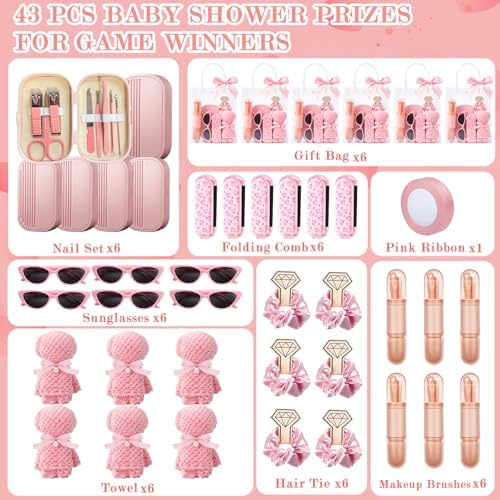 6 Sets Baby Shower Prizes for Game Winners Baby Shower Favors Gifts Including Nail Clippers Sunglasses Makeup Brushes Folding Combs Towels Hair Ties Ribbons Gift Bags - Image 3
