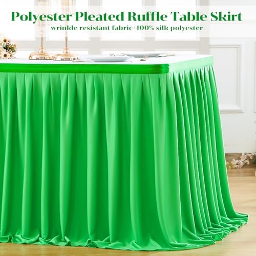 Partisky Green Polyester Table Skirt for Rectangle Tables 14ft, Wrinkle Resistant Pleated Ruffle Table Cloth for Banquet Wedding Trade Baby Shower Display Gift Dining Table - Image 4