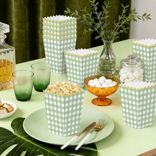 Kuabiz 60 Pcs Green Gingham Popcorn Boxes with Scalloped Sage Green Checkered Paper Candy Boxes Disposable Gingham Popcorn Bowls Cookie Containers for Movie Night Bridal Baby Shower Party Supplies - Image 7