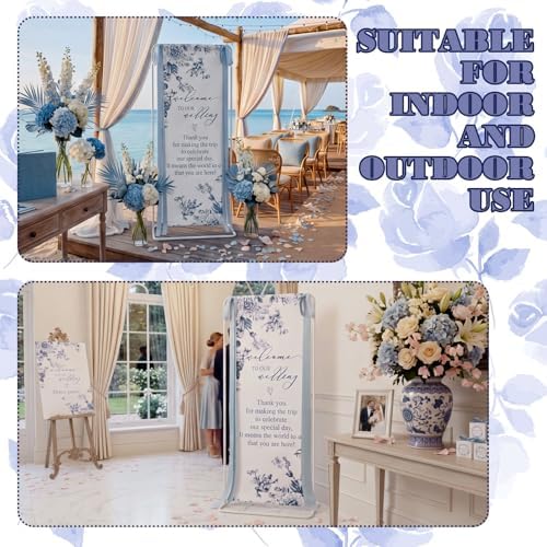Chinoiserie Floral Wedding Welcome Linen Sign Stand(Blue) - Image 3