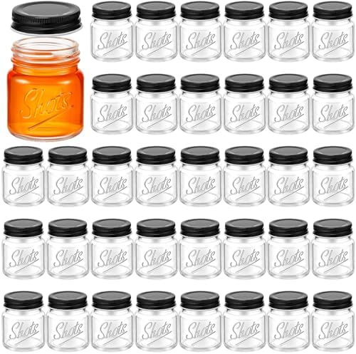 Tessco for you Mini Mason Jar Shot Glasses with Lids 2 oz Dishwasher Safe Mason Canning Jars for Bachelorette Wedding Party Favors Bar Drinks Home Desserts Honey Jam Candy(Clear, Black,36 Pcs) by Tessco