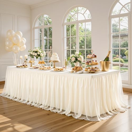 Wish Care 2 Pack Ivory Tulle Tablecloth for 8 Foot Rectangle Tables Stretch Fitted Rectangular Table Cloth 8ft Wrinkle Free Ruffle Elastic Table Cover Tutu Skirt for Wedding Birthday Party Baby Shower - Image 2