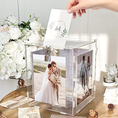 Acrylic Wedding Card Box with Picture Frame, Clear Gift Card Box for Wedding Reception, Large Rotatable Money Envelope Card Box Holder with Lock for Graduation Party Birthday Baby Shower - Image 2