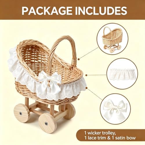 Vintage Wicker Baby Carriage Centerpiece with White Lace Trim (L Wicker Carriage a) - Image 3