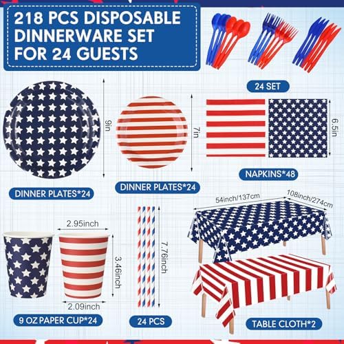 Funnymoom 218 Pcs Patriotic American Flag Party Decorations Plates Serve 24 - Image 3