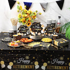 Funnymoom 452 Pcs Happy Retirement Party Decorations Men for 50 Guests, Black Gold Retirement Paper Plates and Napkins Cups Tablecloth Cutlery Straws Disposable Tableware Party Supplies for Men Women - Image 4