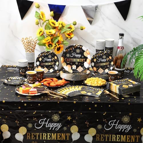 Funnymoom 452 Pcs Happy Retirement Party Decorations Men for 50 Guests, Black Gold Retirement Paper Plates and Napkins Cups Tablecloth Cutlery Straws Disposable Tableware Party Supplies for Men Women - Image 4