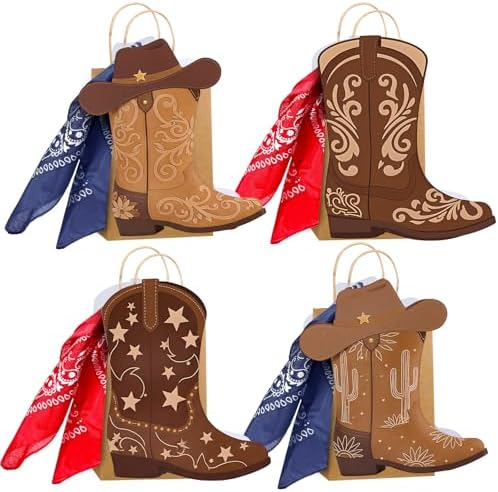 Tinlade 24 Sets Western Cowboy Boots Gift Paper Bags with Paisley Bandanas Western Party Decorations Wild West Kraft Gift Bag Rodeo Cowgirl Boot Hat Goodie Bag for Bachelorette Last Rodeo Party by Tinlade
