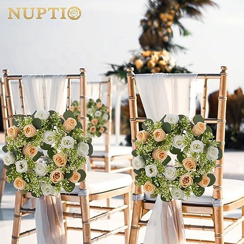 NUPTIO Flower Candle Rings Centerpieces: 13.4 Inch Champagne & White Artificial Rose Wreath for Wedding Party Christmas Decorations - Spring Summer Front Door Porch Decor 2 Pcs - Image 3
