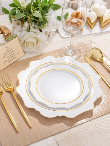 WDF 100PCS White and Gold Plastic Plates - Gold Disposable Plates - Include 50 Dinner & 50 Dessert Plate for Party - Heavy Duty Fancy Plastic Plate for Wedding/Thanksgiving/Bridal shower (Pack of 2) - Image 6