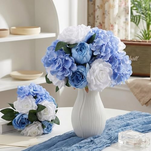 Suncalla 60 Pcs Assorted Silk Artificial Flowers, Faux Fake Full Hydrangea Peony Rose Bouquet with Leaf Stem for Wedding Centerpiece Bridal DIY Craft Baby Shower Party Decor(Blue) - Image 3