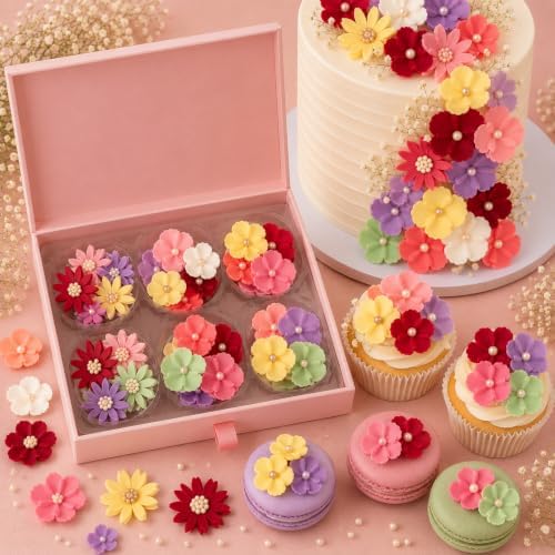CONFECT Handmade Edible Gum Paste Flower Decorations – Celebration Blossom – 60 Piece Assorted Sugar Flower Set with Pearl Centers, Hand Cut Cake Flowers for Cakes, Cupcakes, Cookies & Desserts by CONFECTTHECAKEDECORATINGCO