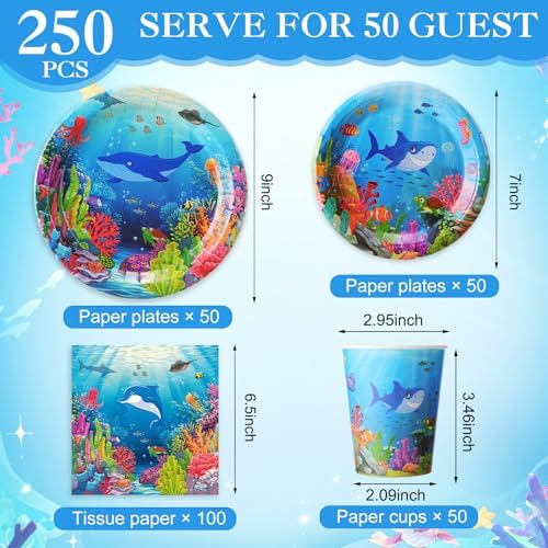 Pickmesh 250 Pcs Under The Sea Party Supplies Ocean Theme Paper Plates Napkins and Cups Sea Animal Disposable Tableware Set Underwater Creatures Party Decorations for Birthday Baby Shower Serve 50 - Image 2