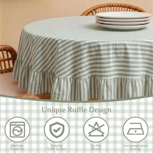 Sage Green Striped Ruffle Tablecloth 70" Round Farmhouse Flounces Trim Table Cover for Seat 4-6 for Picnic Dining Kitchen Party Wedding Decor - Image 4