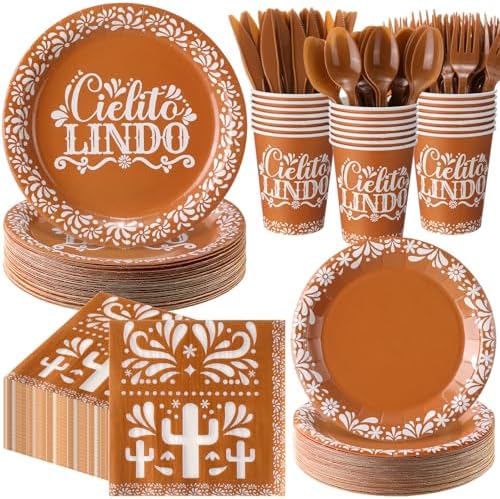 400 Pcs Cielito Lindo Party Decoration for 50, Terracotta Cielito Lindo Paper Plates Napkins Cups Cutlery Mexican Disposable Tableware for Cinco De Mayo Fiesta Baby Shower Birthday Supply by Sunnychicc