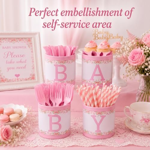 Domensi 204 Pcs Baby Shower Disposable Cutlery Set Utensil Holders, Pink - Image 6