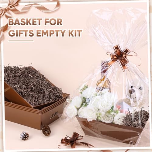 AFOROEOA 5 Pack Brown Baskets for Gifts Empty, 12x10x4” Kraft Gift Basket Kit with 5 Clear Bags, 5 Bows & 200g Crinkle Cut Paper - Large Empty Gift Baskets to Fill for Christmas, Weddings, Birthdays - Image 6
