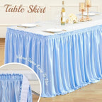 17ft Length Blue Satin Table Skirt Rectangle Tables-Wrinkle Resistant Ruffle Table Skirting Glitter Desk Cover Skirt for Baby Shower Birthday Party Ocean Shark Gender Reveal Cake Table Decorations - Image 4