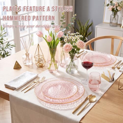 Rubtlamp 60Pcs Pink Plastic Plates,Clear Pink Plates With Gold Rim,Hammered Gold Plates Include 30Pink Plastic Dessert Platos, 30Gold Dinner Platos For Party - Image 3