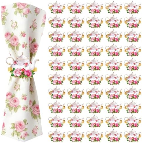 50 PCS Vintage Floral Teapot Napkin Ring Vintage Teapot Napkin Holder Tea Party Table Decor for Floral Theme Tea Party Birthday Wedding Bridal Shower Supply by EYNDYN