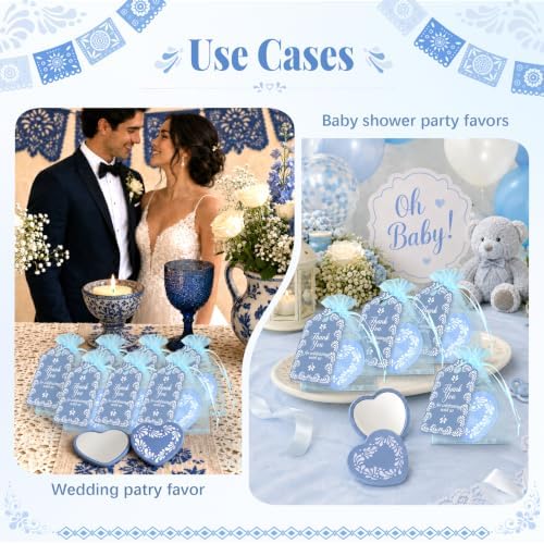 50 Set Cielito Lindo Mexican Baby Shower Party Favors, Heart-Shaped Mirrors with Organza Bags & Thank You Cards, Blue Talavera Party Gifts Bulk for Guests Bridal Shower Wedding Gender Reveal Party - Image 6