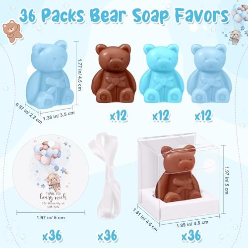 Geosar 36 Pack Bear Soap Shower Favors Thank You Tag Box,Dark Brown Blue - Image 2